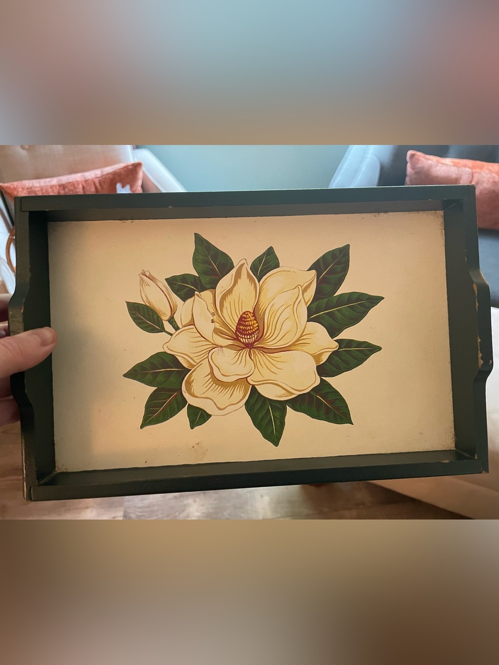 Vintage Green and Cream Magnolia Tray